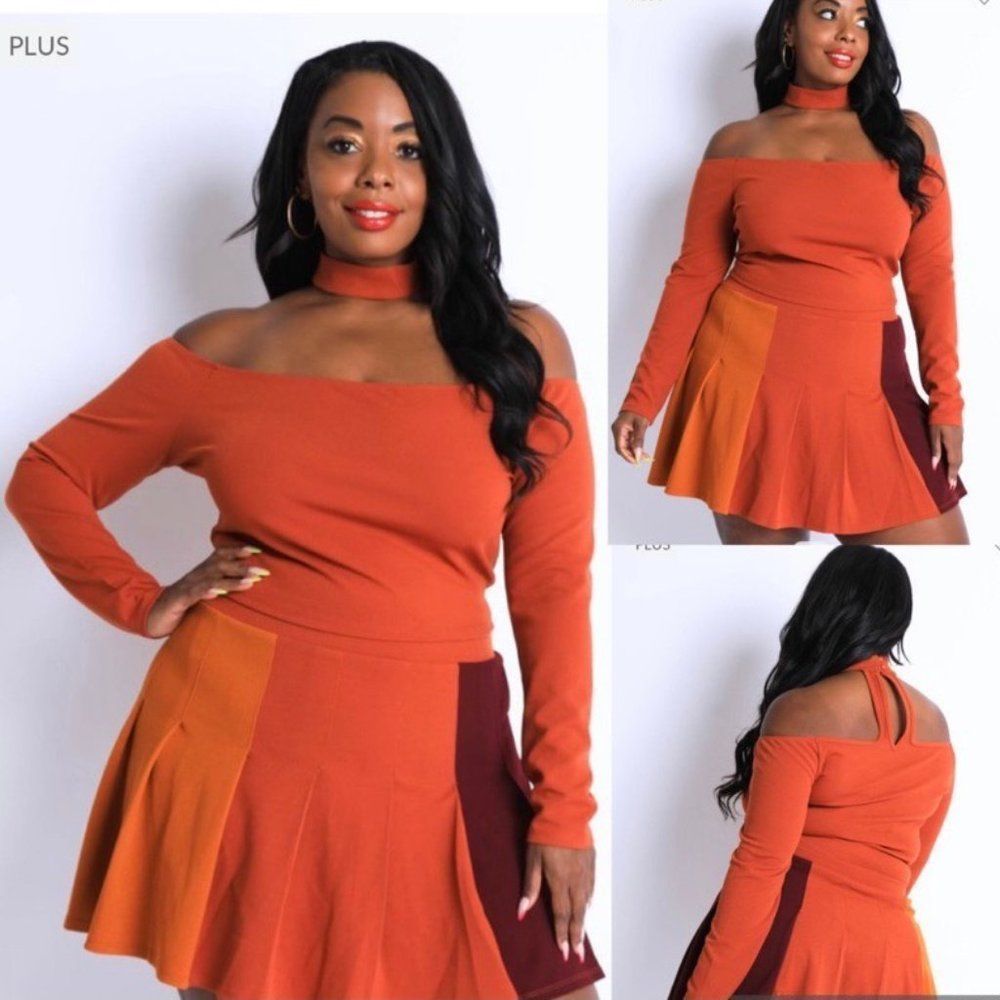 Plus Size Color Block Off the Shoulder 2pc Skirt Set